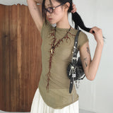 Shirred shirring tattoo printing two-way short sleeve t-shirt