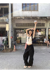 Lace Black Side Shirring Casual Pants