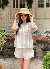 Eyelet Punching Blouse Banding Shorts Set