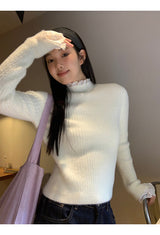 lace ribbed white turtleneck long-sleeved knitwear