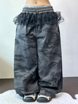 MILITARY CUTE LAYERED TRACK🤍🎀💘 CANCAN FRILL RUFFLE SKIRT PANTS 💚🩶2COLOR