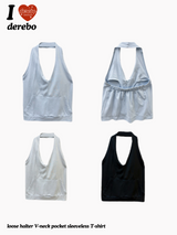ルーズ ホルター Vネック ポケット ノースリーブTシャツ
