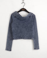 Tinted denim washed unbalanced off-shoulder t-shirt
