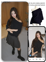 Chic black unbalanced off-shoulder knitwear
