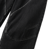 Grain Curved Seam Washed Denim Pants - BLACK