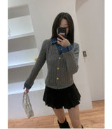 Perry Denim-Layer Cable Knit Long Sleeve Cardigan