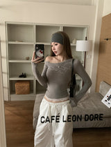 Beads Unbalanced Off-Shoulder Laced Long-Sleeved T-Shirt