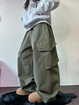 ピーチフリース🍑 オーバーヒップカーゴロングパンツ 💚🤍🖤3COLOR