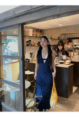 Navy Halterneck Flower Long Dress
