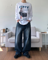 Curved brush denim pants