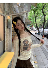 ドッグビーズレースオフショルダー長袖Tシャツ