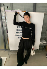 Bow Line Round Long Sleeve Knit T-shirt