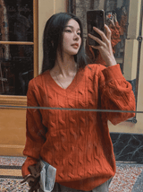 [U-BASIC] Hina V-neck Cable Knit