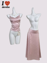 pink silk dot backless skirt two-piece