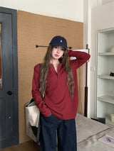 Round button waffle long-sleeved t-shirt