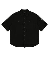 Texture Crop Roll-Up Check Short Sleeve Shirt - Black
