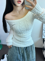 OFF SHOULDER TWISTED SLIN LONG KNIT 🩶🤍🖤3COLOR