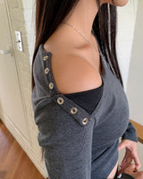 Fumo snap button ribbed one-off shoulder long-sleeve T-shirt