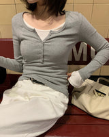 [ORIGINAL] Clock Ribbed Henley Neck Long-Sleeve T-Shirt