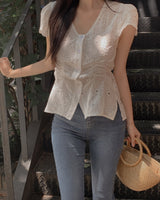 Surfy Embroidered Shirring Blouse