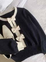 Quiet Bow Ribbon Trim Contrast Knit Long Sleeve Top