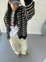 (UNISEX) Mesh Stripe Cropped Zip-up Knit