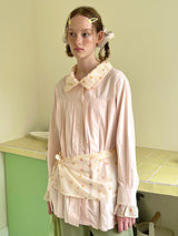 UnsocialNight2025 Autumn New Polka Dot Pleated Stitching Pink Doll Collar Loose Long-sleeved Shirt