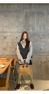 French checkered pocket loose fit long-sleeved shirt