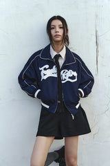 (W) CROP BIG LOGO PIPING BLUESON - NAVY