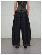 Ethnic Pattern Curved Washed Denim Pants