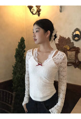 レースバックシースルーレイヤードニットウェアTシャツ