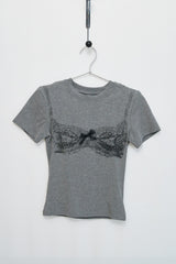 リボンプリンティングTシャツ (グレー)