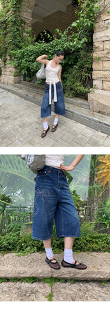 リボンビーズダークブルーワイドバミューダデニムパンツ