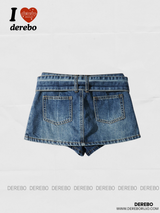 Belt dark blue mini denim pants skirt