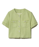85-VIVAJ054 Pocket Fringe Crop Tweed Half Jacket Green