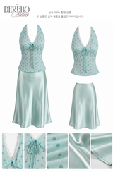 milk mint halter blouse silk skirt two-piece (SKIRT)