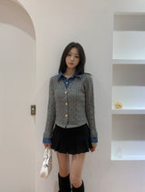 Perry Denim-Layer Cable Knit Long Sleeve Cardigan