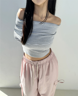 KOREAN MADE💝HIGH QUALITY💝 ストライプオフショルダーロングスリーブTシャツ