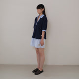 Navy Half Open Collar Tee