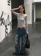 キーティング リブ ロールアップ スリムVネック 3/4スリーブTシャツ