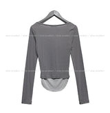 Ash Ribbed Deep Button Layered Long Sleeves