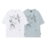 キッチュスタンプピンタックオーバーフィットTシャツ - グレイッシュブルー