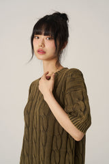 ケーブルウォッシング半袖ニット- Khaki