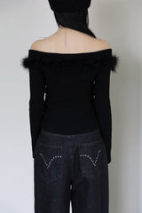 Leaf fur off-shoulder knit