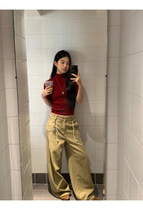 Khaki brown line wide cotton pants