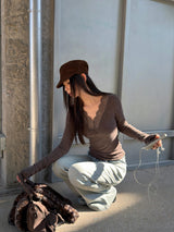 wool base lace V-neck long-sleeved t-shirt
