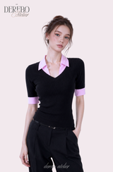 Pink black steady collar V top