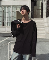 クリスボートネックルーズフィットボタン長袖Tシャツ