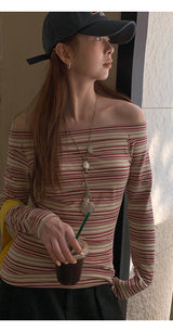 burgundy striped off-shoulder long-sleeve t-shirt