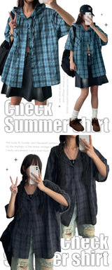[High quality!] Hugh Linen Checkered Hooded Short Sleeve Shirt (3 colors)